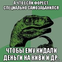 а что если форест специально самозабанился чтобы ему кидали деньги на киви и др.