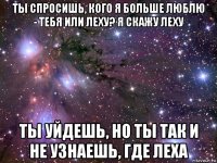 ты спросишь, кого я больше люблю - тебя или леху? я скажу леху ты уйдешь, но ты так и не узнаешь, где леха