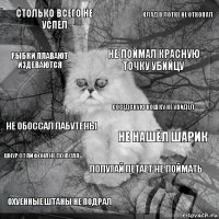 столько всего не успел не нашёл шарик не поймал красную точку убийцу охуенные штаны не подрал не обоссал лабутены клад в лотке не откопал попугай летает не поймать рыбки плавают издеваются шнур от айфона не покусал соседскую кошку не увидел