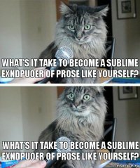 What's it take to become a sublime exndpuoer of prose like yourself? What's it take to become a sublime exndpuoer of prose like yourself?