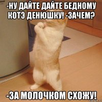 -ну дайте дайте бедному котэ денюшку! -зачем? -за молочком схожу!