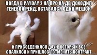 когда в payday 2 на про на дв доходил теневой рейд, оставался один мешок и присоеденился даун, который все спалился и пришлось отменять контракт