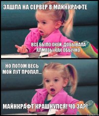 Зашла на сервер в Майнкрафте Всё было окей. Добывала алмазы как обычно Но потом весь мой лут пропал... Майнкрафт крашнулся! Чо за?!