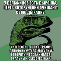 у дельфинов есть дырочка, через которую они очищают свою дыхалку. интерестно, если я трахну дельфиниху туда, могу ли я говорить, что занимался оральным сексом с ней?