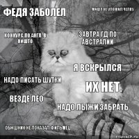 Федя заболел Их нет. Завтра ГД по Австралии ОБЖшник не показал фильмец надо писать шутки Миша не уложил челку Надо лыжи забрать конкурс по англ. в ништо Везде Лео Я вскрылся