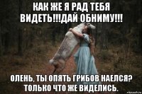 как же я рад тебя видеть!!!дай обниму!!! олень, ты опять грибов наелся? только что же виделись.