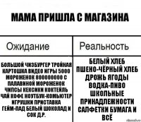 мама пришла с магазина большой чизбургер тройная картошка видео игры 5000 мороженок 800000000 с палавиной мороженок чипсы кексики коктейль чай кофе ноутбук-комьютер игрушки приставка гейм-пад белый шоколад и сок д.р. белый хлеб пшено-чёрный хлеб дрожь ягоды водка-пиво школьные принадлежности салфетки бумага и всё