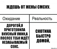 ждешь от жены смску. дорогой,я приготовила вкусный ужин,а послсе тебя ждёт незабываемый секс. скотина быстро домой,