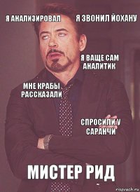 я анализировал мне крабы рассказали я ваще сам аналитик кто здесь? мистер рид спросили у саранчи я звонил йохану