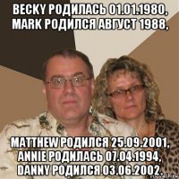 becky родилась 01.01.1980, mark родился август 1988, matthew родился 25.09.2001, annie родилась 07.04.1994, danny родился 03.06.2002.