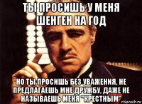 ты просишь у меня шенген на год но ты просишь без уважения, не предлагаешь мне дружбу, даже не называешь меня "крестным"