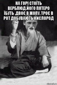 на горі стоїть верблюд.його пятеро їбуть .двоє в жопу, троє в рот добувають кислород 