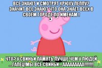 все знают и смотрят хрюху пеппу? значит все знают что она знает всех в своём городе по именам ! что? у свиньи память лучше чем у людей ....гапец!мы все свиньи....ааааааааа!!!!!!!