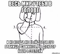 весь мир у тебя в голове и не когда не выйдет за его границы самиков.р.в доктор наук 1 степени