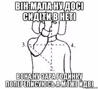 він:мала ну досі сидіти в неті вона:ну зара годинку попереписуюсь а може йдві