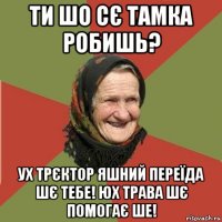 ти шо сє тамка робишь? ух трєктор яшний переїда шє тебе! юх трава шє помогає ше!