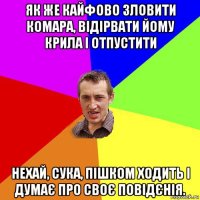 як же кайфово зловити комара, відірвати йому крила і отпустити нехай, сука, пішком ходить і думає про своє повідєнія.