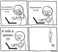 Ура,привезут карточку к 21 числу перенесено на 24 А тебе в армию 23 