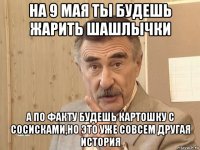 на 9 мая ты будешь жарить шашлычки а по факту будешь картошку с сосисками,но это уже совсем другая история