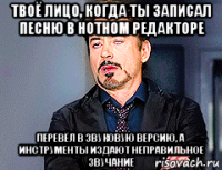 твоё лицо, когда ты записал песню в нотном редакторе перевёл в звуковую версию, а инструменты издают неправильное звучание