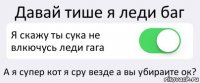 Давай тише я леди баг Я скажу ты сука не влкючусь леди гага А я супер кот я сру везде а вы убираите ок?