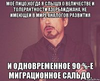 моё лицо,когда я слышу о величестве и толерантности азербайджана, не имеющей в мире аналогов развития и одновременное 90 %-е миграционное сальдо.