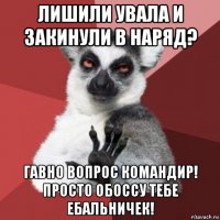 лишили увала и закинули в наряд? гавно вопрос командир! просто обоссу тебе ебальничек!