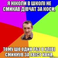 я ніколи в школі не смикав дівчат за коси, тому шо один раз в хліві смикнув за хвіст коня.