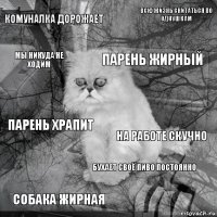 Комуналка дорожает На работе скучно ПАРЕНЬ ЖИРНЫЙ СОБАКА ЖИРНАЯ ПАРЕНЬ ХРАПИТ Всю жизнь скитаться по однушкам Бухает своё пиво постоянно Мы никуда не ходим  