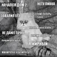 Начался Дом 2 Бензин подорожал ГТА 5 стоит теперь 5000 Миниралка кончилась Не дают тачку нету пивка Я жирный завалил ЕГЭ Лучший друг ушёл Пикник, меня не взяли