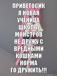 ПРИВЕТОСИК
Я новая ученица школы монстров
не дружу с вредными кошками
норма
ГО ДРУЖИТЬ!!!