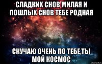 сладких снов милая и пошлых снов тебе родная скучаю очень по тебе,ты мой космос