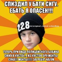 спиздил у бати сигу. ебать я опасен!!! теперь при виде полицейского бобика сижу в кустах. а из кустов ору:менты сука!!! менты!!!!! загребут нахуй