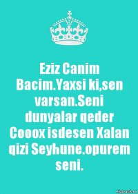 Eziz Canim Bacim.Yaxsi ki,sen varsan.Seni dunyalar qeder Cooox isdesen Xalan qizi Seyhune.opurem seni.