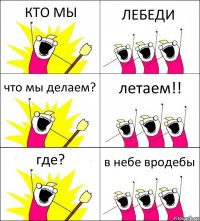 КТО МЫ ЛЕБЕДИ что мы делаем? летаем!! где? в небе вродебы