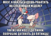 мозг, а как ты будешь работать на следующей неделе? так же как и всегда, пинки, попробую дотянуть до пятницы