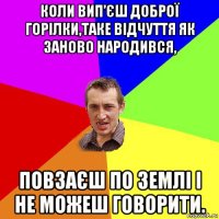 коли вип’єш доброї горілки,таке відчуття як заново народився, повзаєш по землі і не можеш говорити.