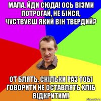 мала, йди сюда! ось візми потрогай, не бійся, чуствуєш який він твердий? от блять, скільки раз тобі говорити не оставлять хліб відкритим!