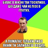 буває в жизні так тоскливо, шо даже чай не лізе в глотку, а помагає тільки пиво яким ти запиваєш водку.