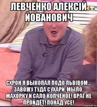 левченко алексiй йованович схрон я выкопал подо львiвом... завожу туда сухари, мыло, махорку и сало копчёное! враг не пройдёт! понад усе!