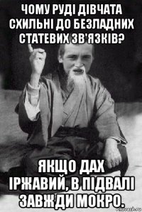 чому руді дівчата схильні до безладних статевих зв'язків? якщо дах іржавий, в підвалі завжди мокро.