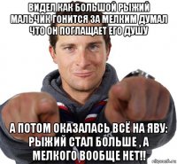 видел как большой рыжий мальчик гонится за мелким думал что он поглащает его душу а потом оказалась всё на яву: рыжий стал больше , а мелкого вообще нет!!