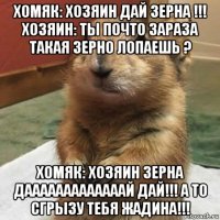 хомяк: хозяин дай зерна !!! хозяин: ты почто зараза такая зерно лопаешь ? хомяк: хозяин зерна дааааааааааааай дай!!! а то сгрызу тебя жадина!!!