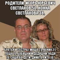 родители: игорь юрьевич светлаков 50, нонна светлакова 38, братья и сёстры: маша 23, веник 21, лёша 15. бабушки и дедушки: надя 70, саша 60. дети: дима 4, рита 10.