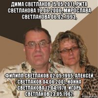 дима светлаков 15.05.2011, рита светлакова 19.06.2006, мирослава светлакова 06.02.1993, филипп светлаков 02.05.1995, алексей светлаков 04.06.2001, нонна светлакова 12.04.1978, игорь светлаков 23.05.1967.