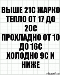 выше 21С жарко
тепло от 17 до 20С
прохладно от 10 до 16С
холодно 9С и ниже