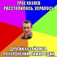 трое хозяев расстопилось, усралось другий хазяй умер, похоронений, вижив один