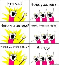 Кто мы? Новоуральцы Чего мы хотим? Чтобы открыли город! Когда мы этого хотим? Всегда!