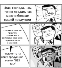 Итак, господа, нам нужно продать как можно больше нашей продукции - улучшить качество продукта;
- вложиться в рекламную компанию;
- провести опрос населения; - наклеить на нашу продукцию значок "БЕЗ ГМО"