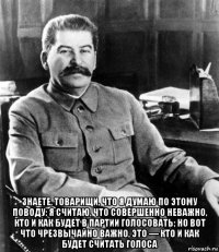  знаете, товарищи, что я думаю по этому поводу: я считаю, что совершенно неважно, кто и как будет в партии голосовать; но вот что чрезвычайно важно, это — кто и как будет считать голоса